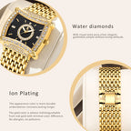 YaLaLuSi Tonneau Square Full Rhinestone Women Watch Black  Dial Double Halo Crystal Bezel Multi-Row Gold Link Bracelet Ladies Quartz Dress Wristwatch