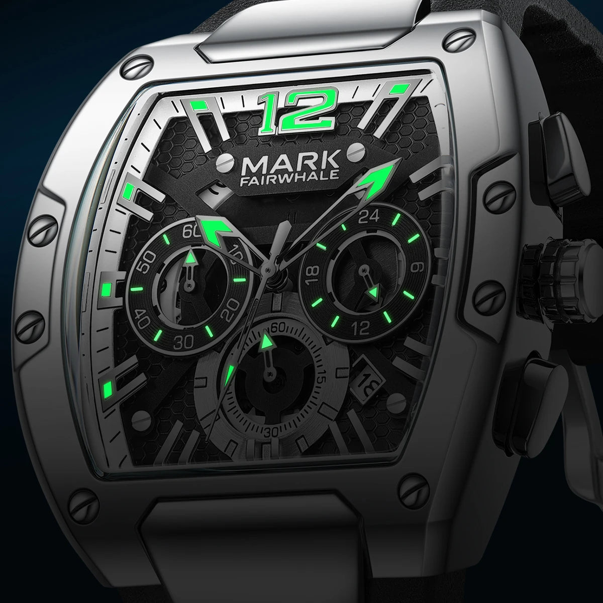 Mark Fairwhale Fashion Large Tonneau Case Man's watch Quartz  Waterproof Luminous Multifunctional Chronograph Sport Watches for man
