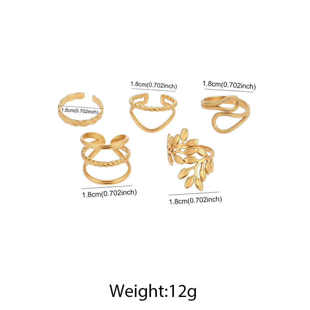 5-Piece Stainless Steel Leaf-Shaped Geometric Openwork Ring Set For Women Minimalist, Sophisticated Adjustable