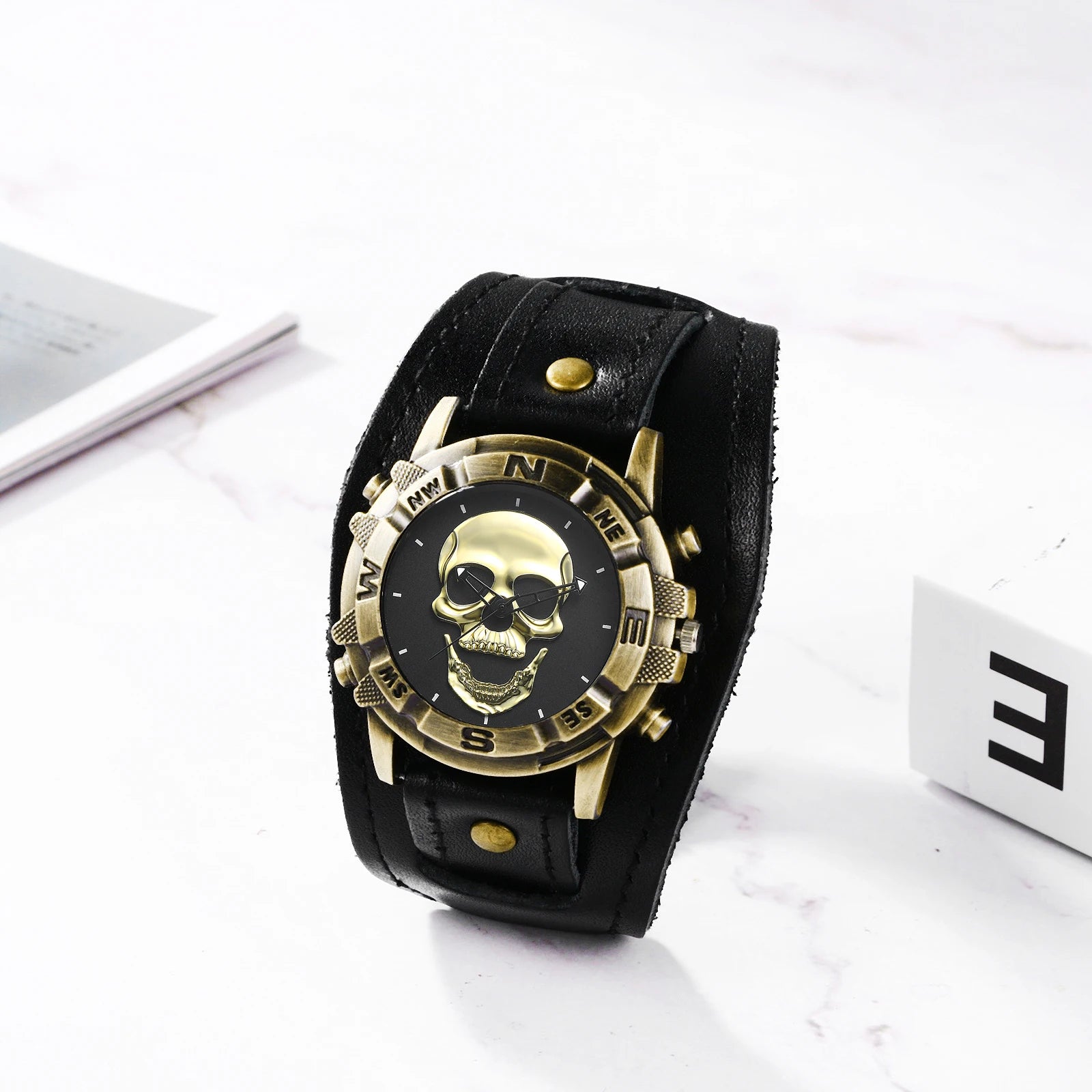 LANCARDO Men's Analog Quartz Watch Halloween Punk Motorcycle Leather Watch Retro Sports Casual Wide Leather Watch Skeleton Decor