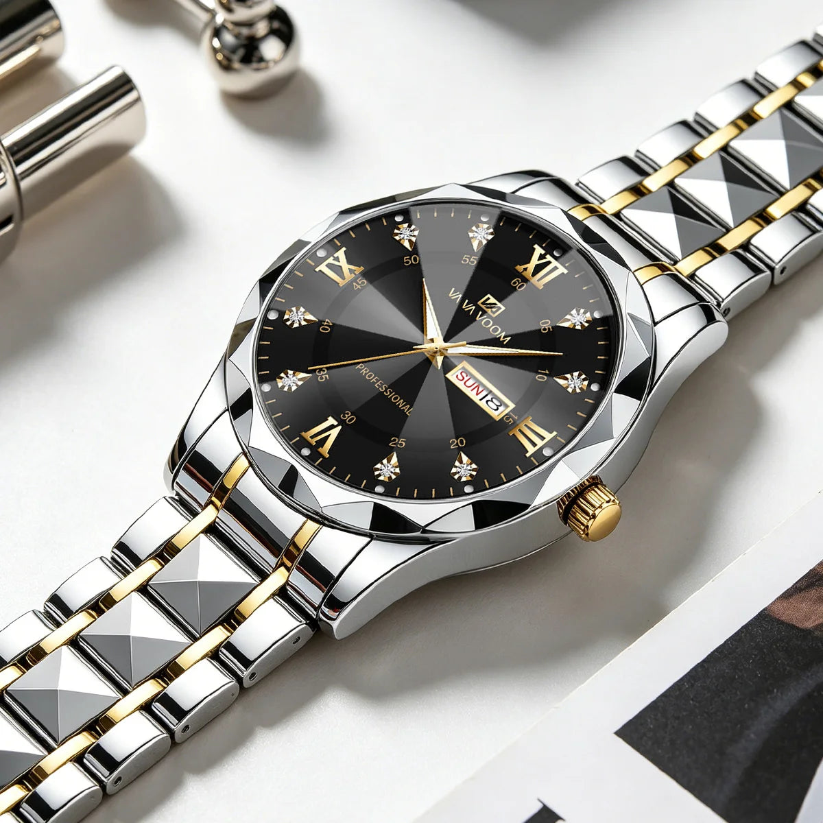 1 Set Mens Watches Local Shipping Luxury style 41mm Blue Dial Rhinestone Scale Calendar & Week Quartz Movement Men's Clock Stainless Steel Gradient Gold Strap Business Watch Men mbzr