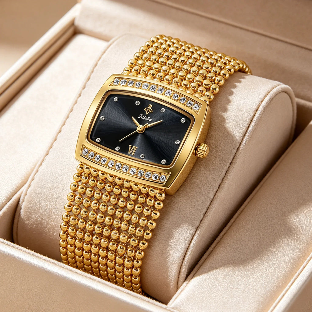 YaLaLuSi Multi Strand Gold Bead Mesh Ladies Watch Rectangle Crystal Bezel Black Dial Luxury Women Quartz Wristwatch Gift