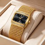YaLaLuSi Multi Strand Gold Bead Mesh Ladies Watch Rectangle Crystal Bezel Black Dial Luxury Women Quartz Wristwatch Gift