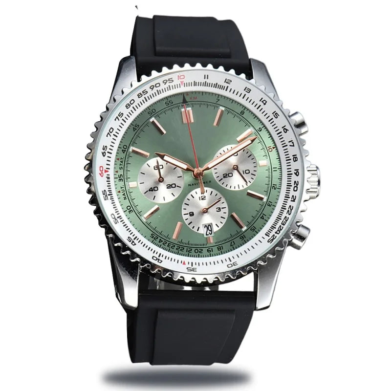 Men Quartz Chronograph Watch Silver Alloy Case Tachymeter Scale Bezel Date Display Soft Silicone Rubber Strap Sports Male Wrist Watch
