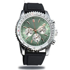 Men Quartz Chronograph Watch Silver Alloy Case Tachymeter Scale Bezel Date Display Soft Silicone Rubber Strap Sports Male Wrist Watch