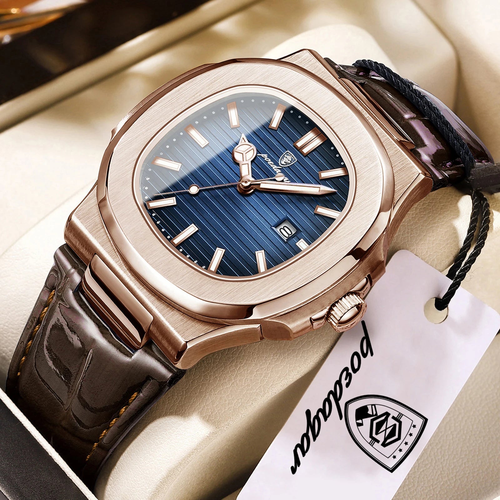 POEDAGAR Top Square Man Watch Date Waterproof Luminous Luxury Men Wristwatch High Quality Leather Men's Quartz Watches+Box Reloj mbzr
