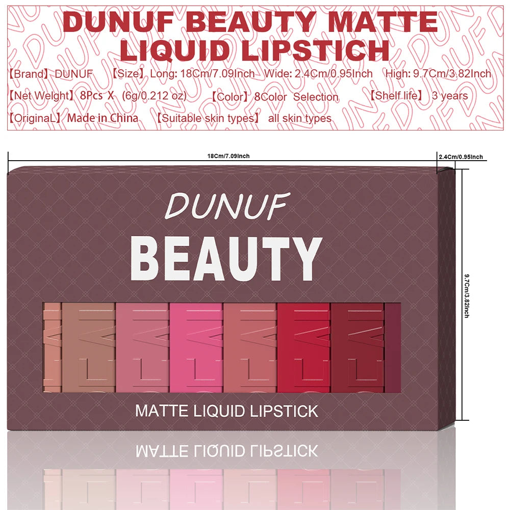 8pcs/set Matte Velvet Lip Gloss Lipstick Lip Stain Waterproof Non-transfer Highly Pigmented Nude Red Y2K Sexy Daily&Party Makeup mbzr