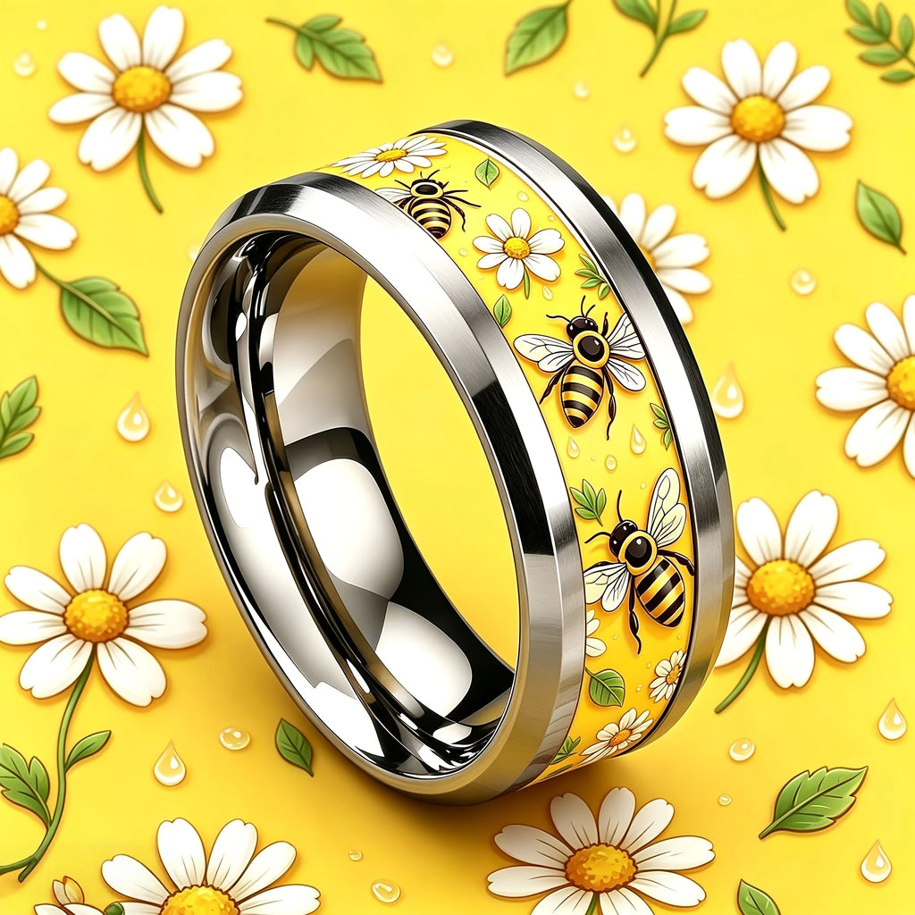 Elegant bee daisy stainless steel ring 8mm wide 304L anti-allergic, scratch-proof, wear-resistant and non-fading ring, male and female couples rings use the same niche design, suitable for student parties/nature lovers/gifts/