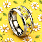 Elegant bee daisy stainless steel ring 8mm wide 304L anti-allergic, scratch-proof, wear-resistant and non-fading ring, male and female couples rings use the same niche design, suitable for student parties/nature lovers/gifts/