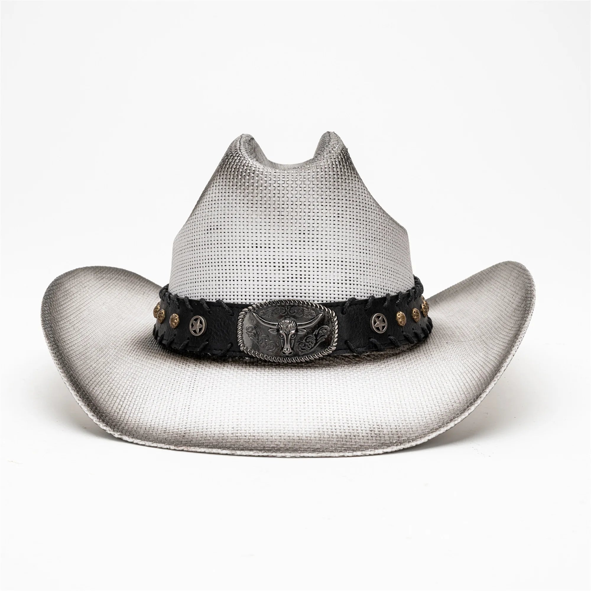 Western Style Straw Cowboy Hat with Cattle Head Design and Belted Sun Protection for Outdoors