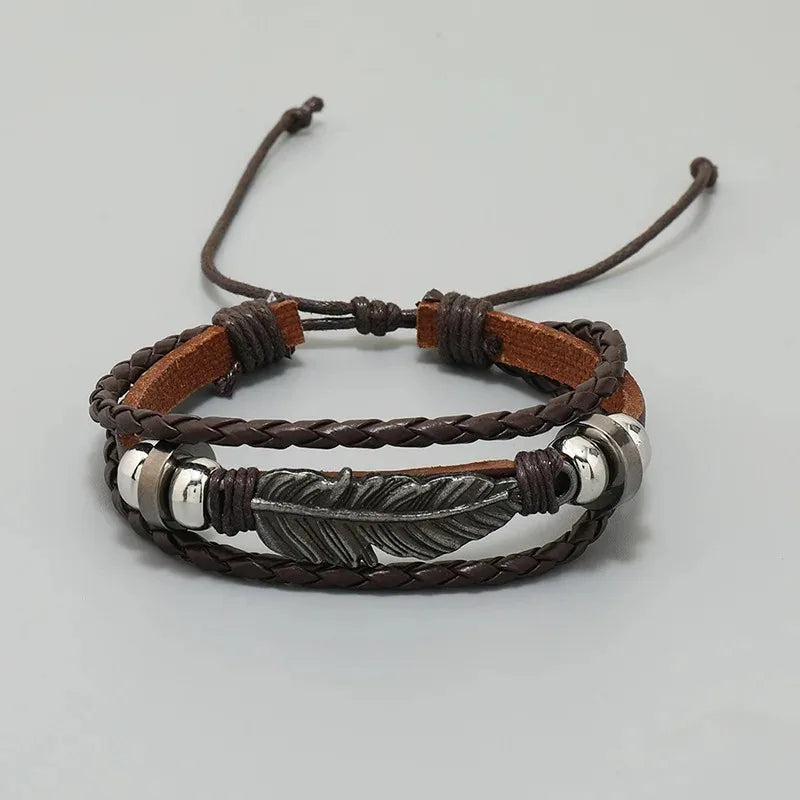 Vintage Bohemian Multi Layer PU Leather Wrap Bracelet Adjustable Pull Cord Unique Pattern Wrist Jewelry For Women Girls Daily Beach Party Birthday Gift For Her