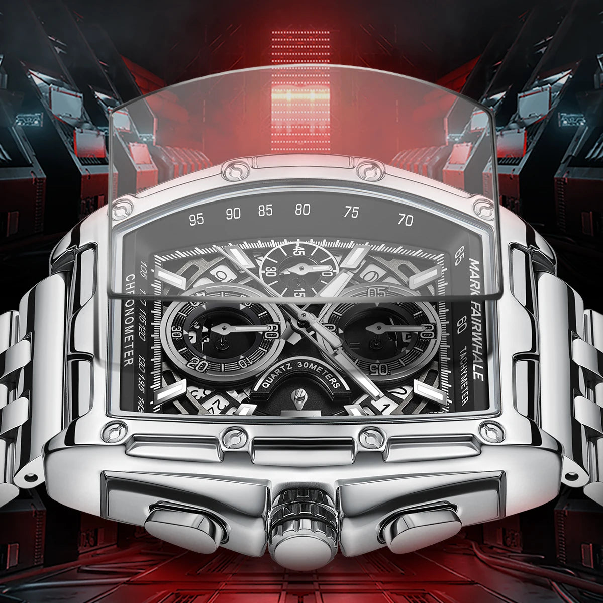Mark Fairwhale  Tonneau Large size  multi-dial Quartz Men's Watch Waterproof Calendar Silicone Alloy Strap Sport Watches for man mbzr