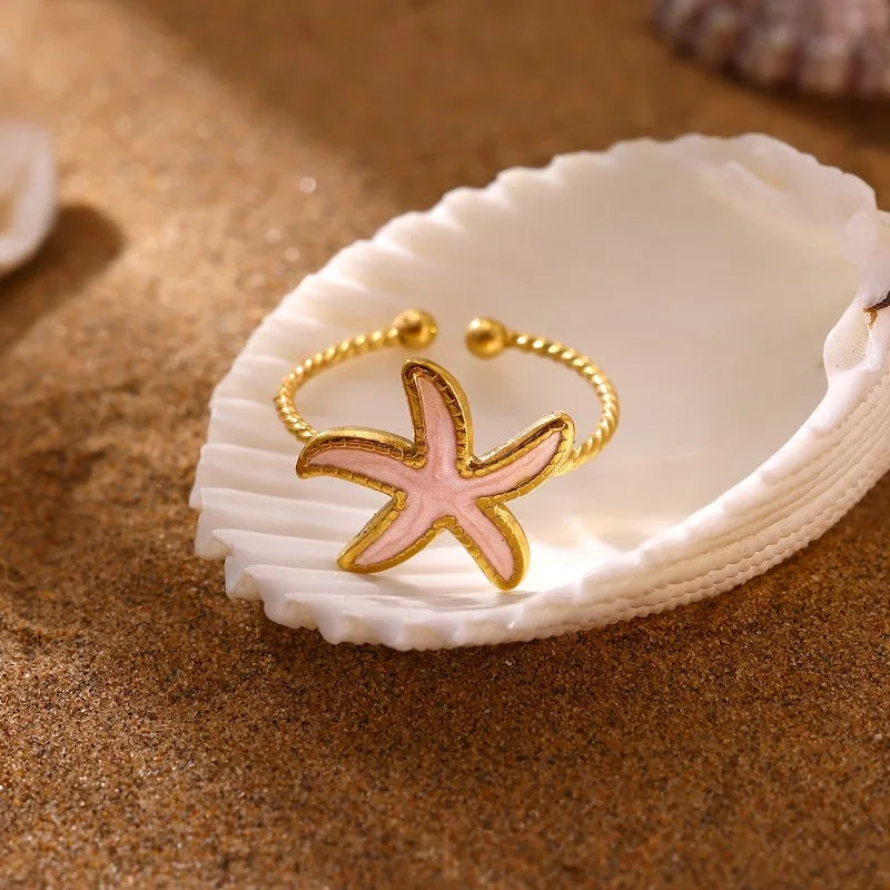Drip waterproof starfish open ring, fashionable and elegant party stainless steel golden color ring, women's party holiday daily jewelry accessories gift