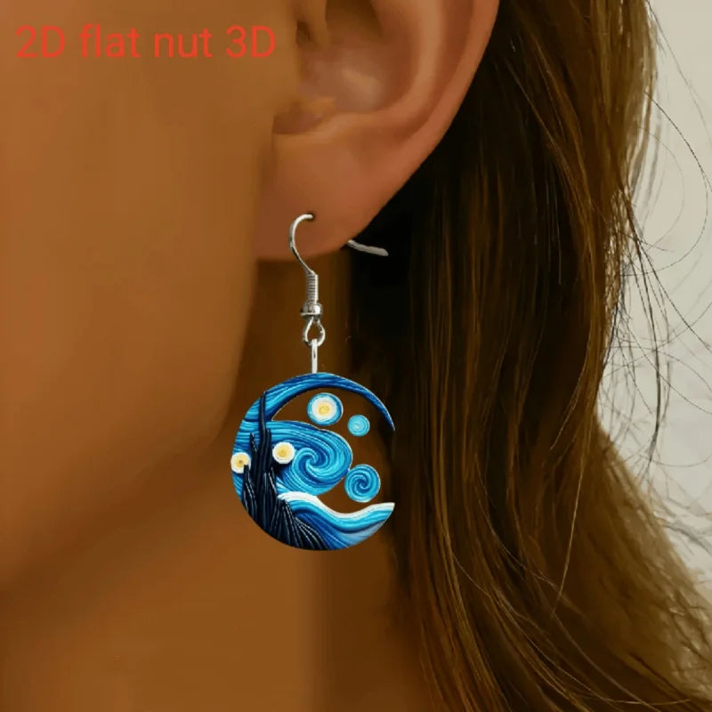 1 pair of Van Gogh starry sky pattern acrylic earrings, moon black cat unique ladies earrings