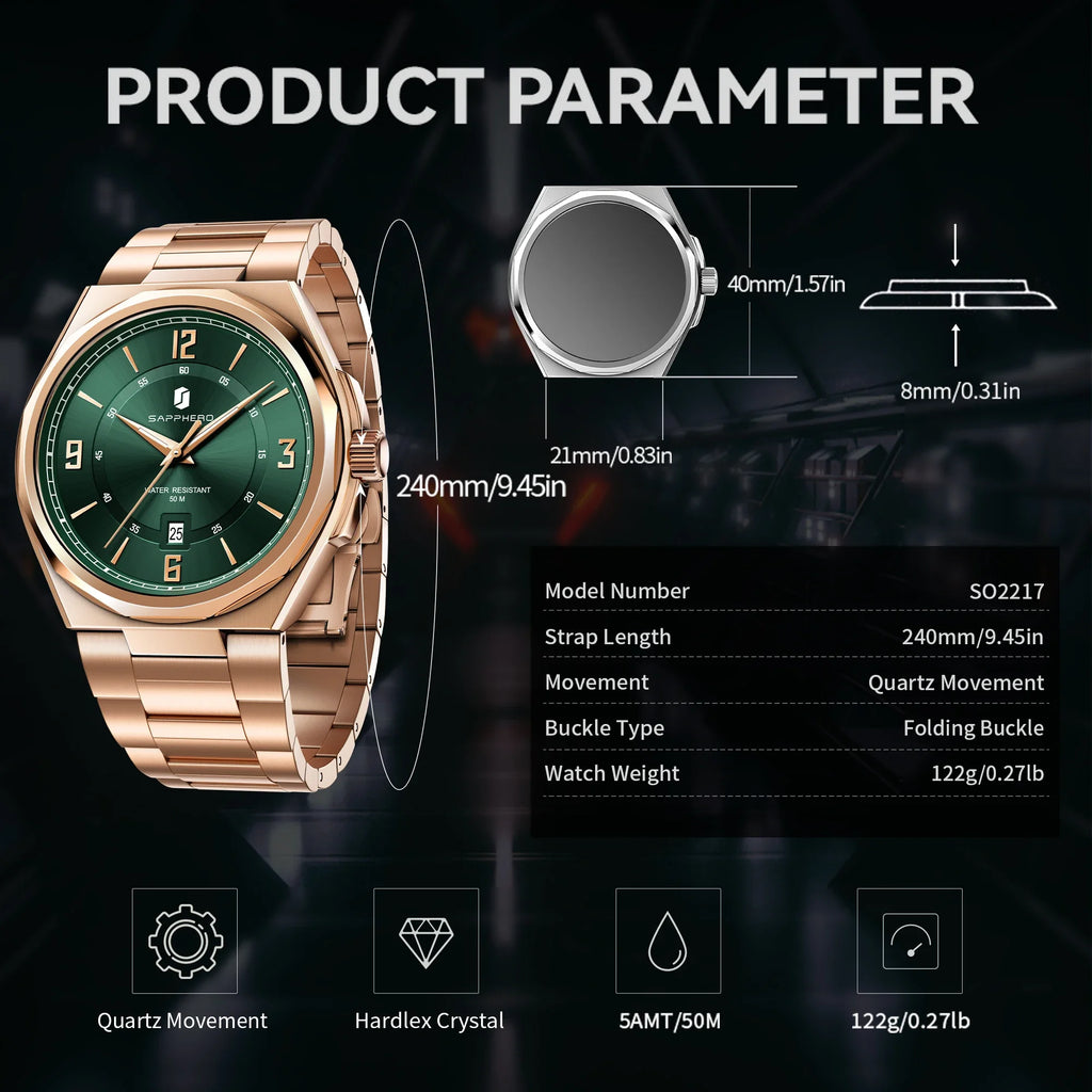 SAPPHERO Men Quartz Watch Luxury Stainless Steel Strap 5ATM Waterproof Hardlex Crystal Business Elegant Dress Wristwatch Gift mbzr