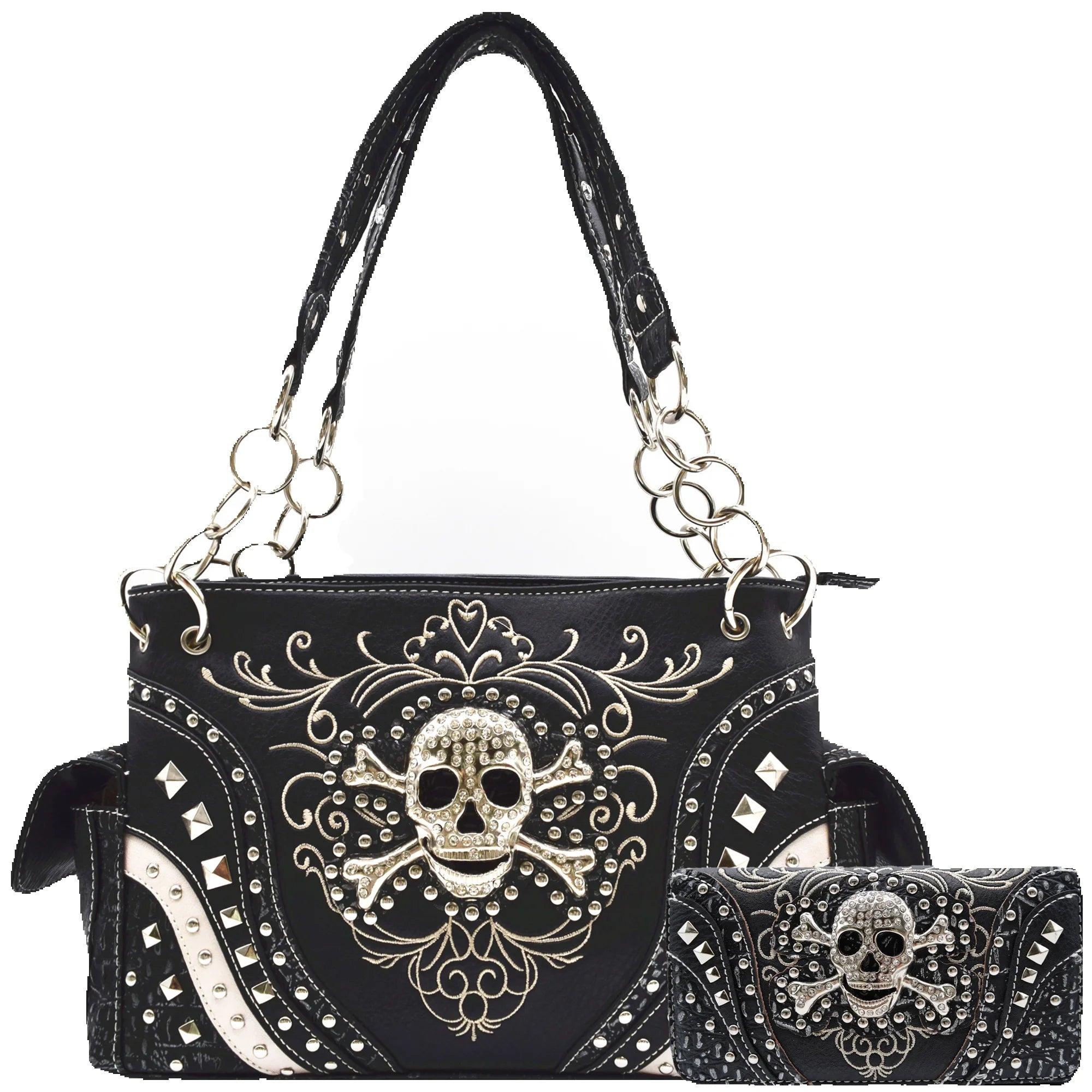 Punk Gothic Rock Metallic Skull Day of the Dead Floral Sugar Skull Leather Purse Women Handbag Shoulder Bag Wallet Set