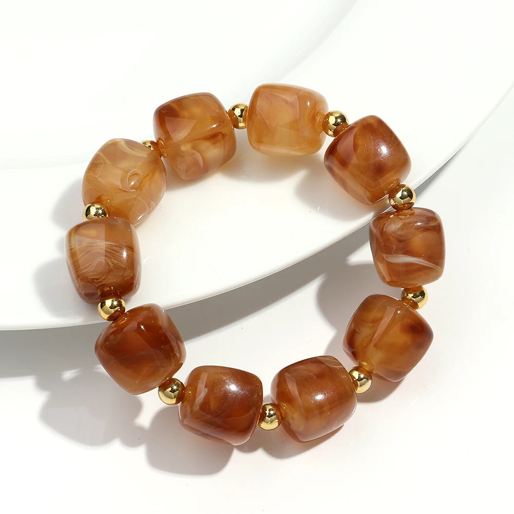 Exaggerated Geometric Beaded Acrylic Elastic Bracelets for Women Men Boho Trendy Square Beads Stack Bangle Retro Jewelry Gift mbzr