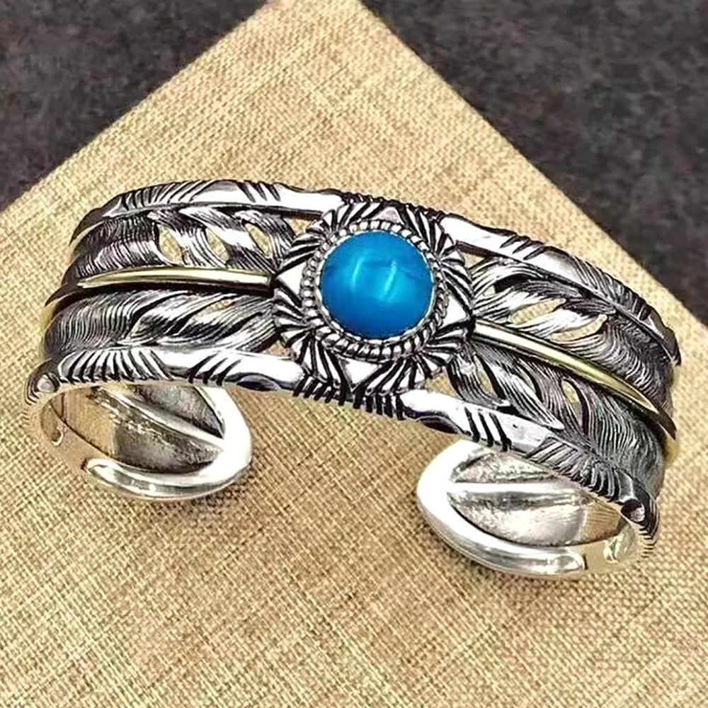 Vintage Copper Plated Silver Color Feather Unisex Bracelet Open Cuff Bangle With Turquoise Retro Style