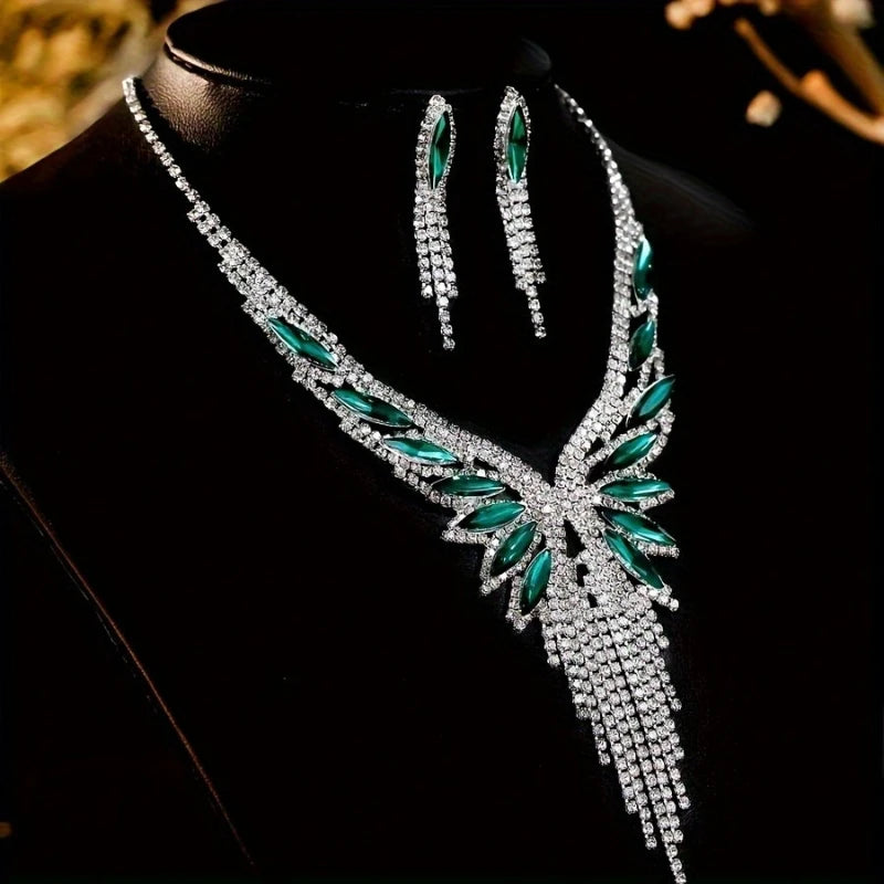 3pc Luxury Green CZ Wing Tassel Necklace Earrings Set for Women Silver Color Crystal Bridal Jewelry Set Wedding Party Prom Gift
