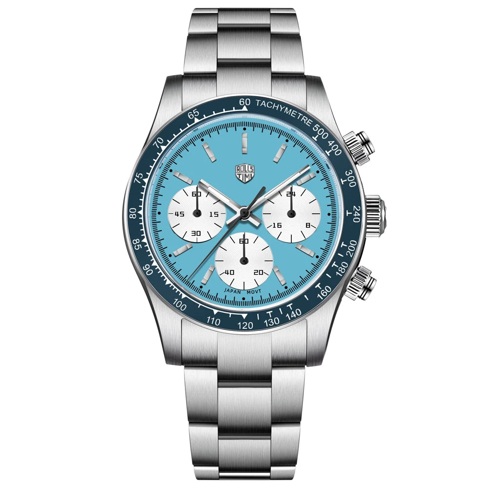 Rollstimi 2026 New Retro Blue Chronograph Luxury Quartz Watch For Men Stainless steel 100M Waterproof Watch Men Japan VK63 Movt mbzr