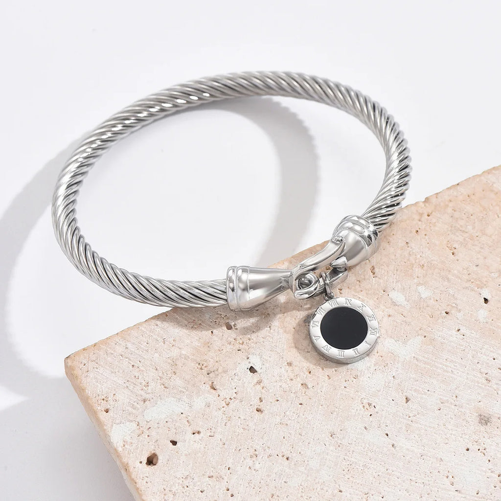 316L Stainless Steel Twisted Cable Bangle Roman Numeral Pendant Round Charm Bracelet Waterproof Hypoallergenic Fade Resistant Women Jewelry