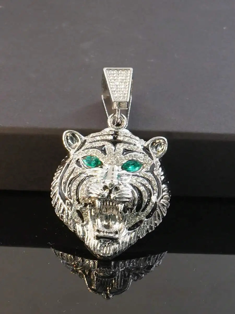 Men's Full Rhinestone Green-Eyed Tiger Pendant Necklace & Watch Set, Fierce Animal Rhinestone Decor, European And American