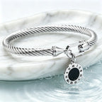 316L Stainless Steel Twisted Cable Bangle Roman Numeral Pendant Round Charm Bracelet Waterproof Hypoallergenic Fade Resistant Women Jewelry