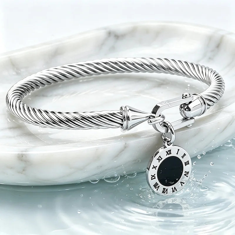 316L Stainless Steel Twisted Cable Bangle Roman Numeral Pendant Round Charm Bracelet Waterproof Hypoallergenic Fade Resistant Women Jewelry
