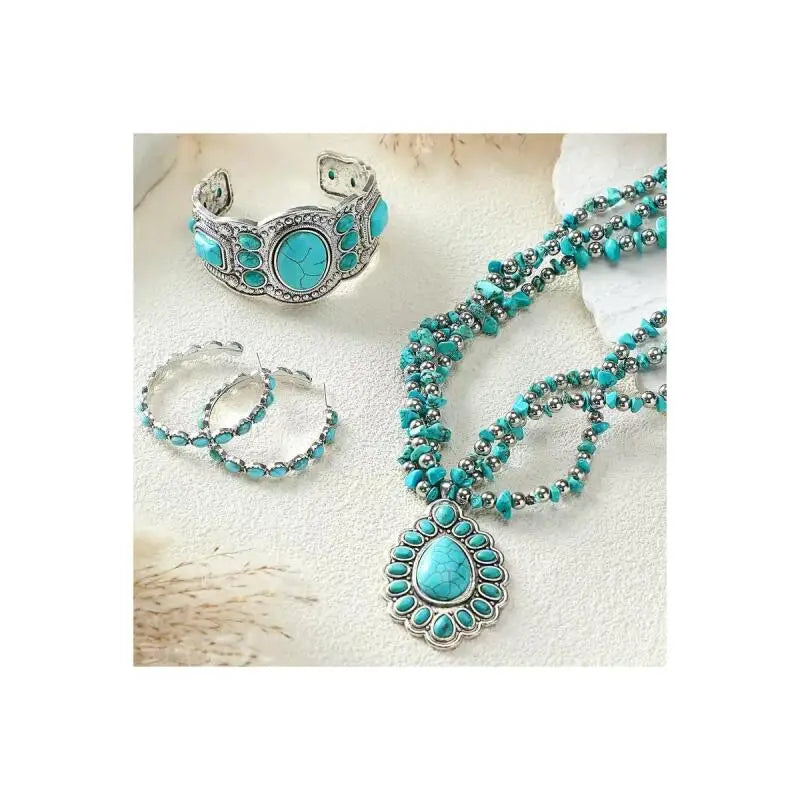Women's Three-Piece Bohemian Jewelry Set, including a long necklace with Bohemian pendant, stackable bracelets and drop earrings mbzr