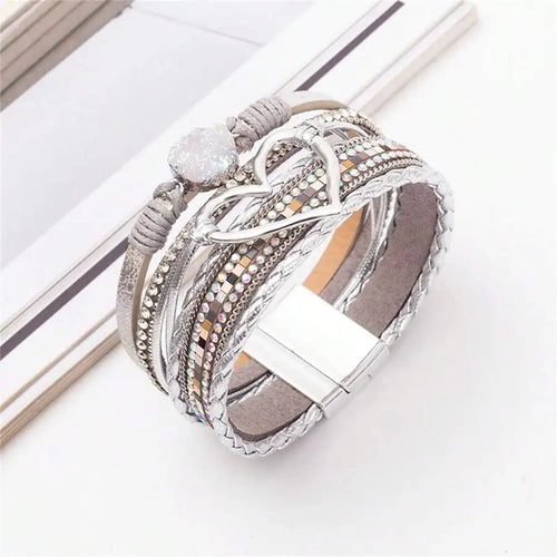 Layered PU Leather Heart Charm Wrap Bracelet With Magnetic Closure For Women, Boho Style, All Season Accessory mbzr