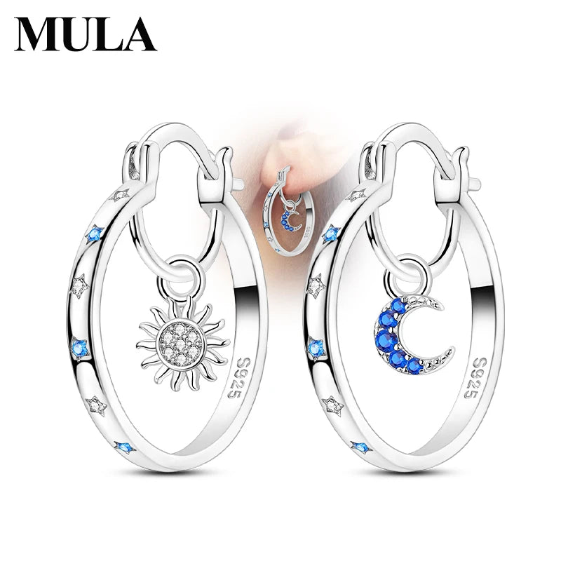 MULA 925 Sterling Silver Sun Moon Hoop Earrings Zircon for Women Girls Trendy Elegant Wedding Party Fashion Earring Jewelry Gift