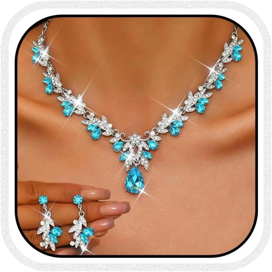 Unicra Rhinestone Bridal Wedding Jewelry Sets Gold Necklace Earrings Set Leaf Prom Formal Costume Jewelry Set for Women and Brides