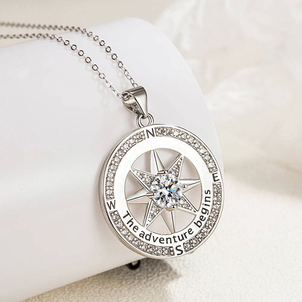 New 925 Sterling Silver Necklace Compass Necklace with Cubic Zirconia Stone for Women High Quality Jewelrys Gifts Stock in USA mbzr