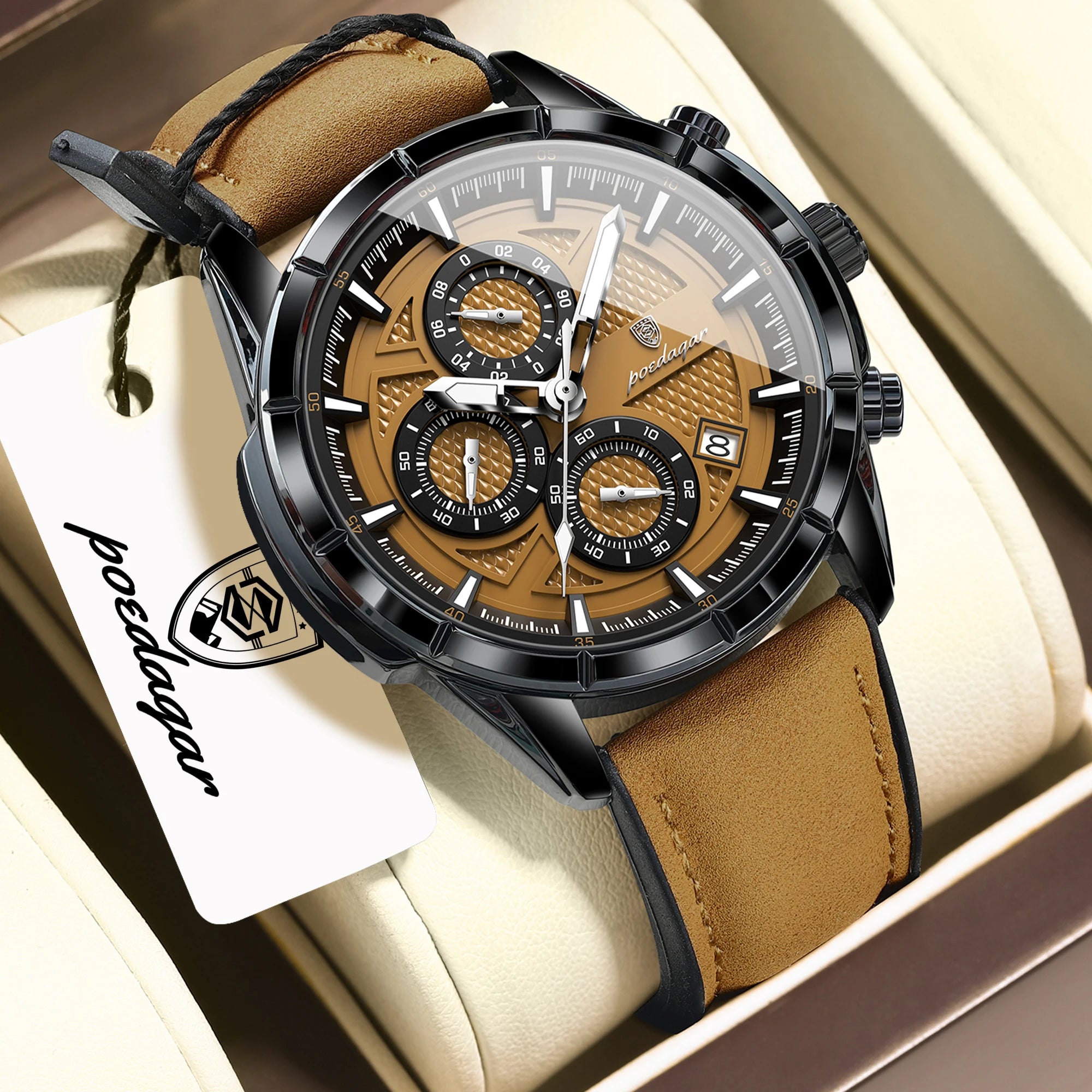 POEDAGAR Fashion Men Wristwatch Luminous Waterproof Leather Quartz Sports Men's Watches Date Chronograph Military Man Clock Gift mbzr