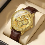 1pcs Men's Gold Leather Band Luxury Business Moon Phase Quartz Watch for Party Holiday Gift mbzr