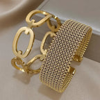 Vintage Y2K Stainless Steel Wide Weave Open Cuff Bangle Bracelet For Women New Hollow Waterproof Stackable Charms Jewelry