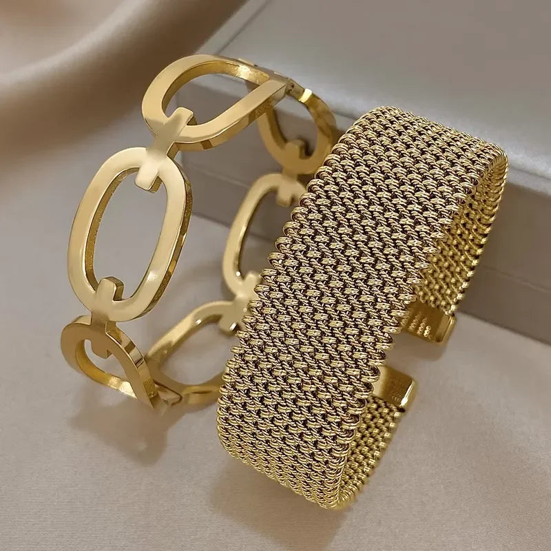 Vintage Y2K Stainless Steel Wide Weave Open Cuff Bangle Bracelet For Women New Hollow Waterproof Stackable Charms Jewelry