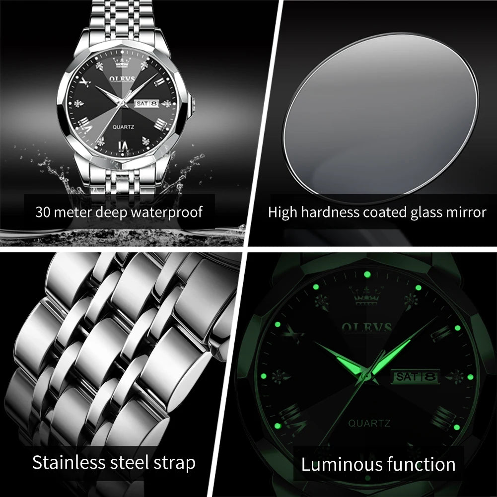 OLEVS 9931 Brand Original Authentic Watches for Man Luxury Gift Box Steel Belt Double Calendar Quartz Female and Male Expression Couple Models