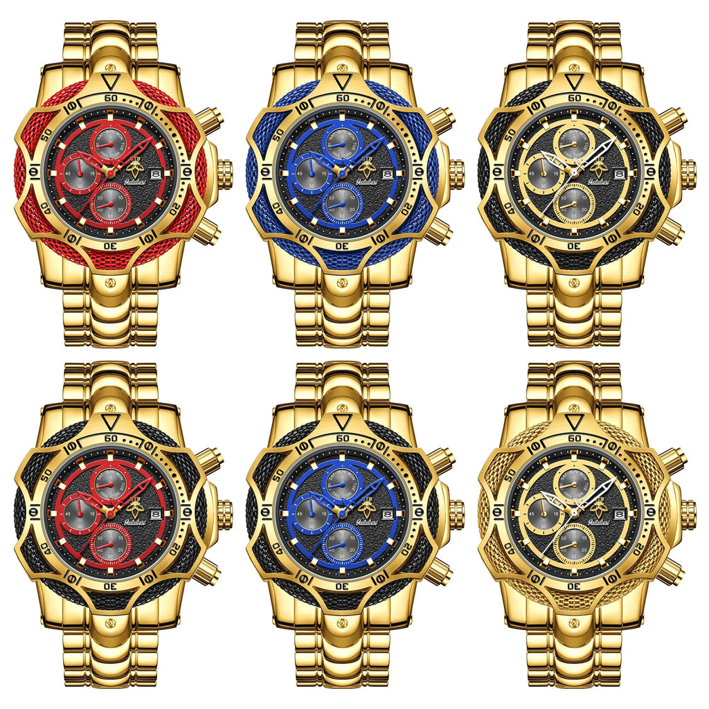 YaLaLuSi Two Tone Gold Red Mens Racing Wristwatch Large Rugged Case Multi-Function Chrono Timer Luminous Indices Polished Metal Band Fashion Quartz Watch For Workout Motorcycle Camping