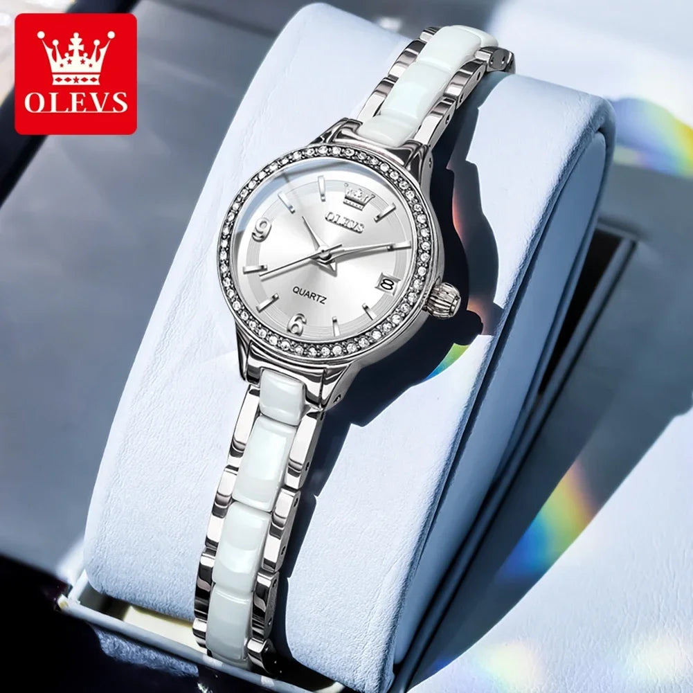 OLEVS Luxury Quartz Watch Women Elegant Ceramics Strap Waterproof Auto Date Luxury Lap Ladies Watches 7093 mbzr