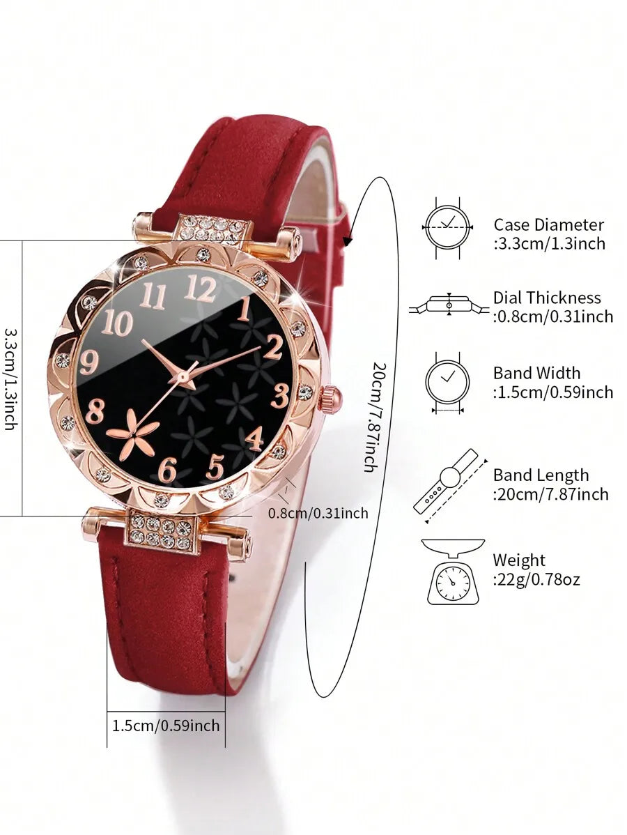Women Fashionable Rhinestone-Accented Floral Dial Quartz Wristwatch And Heart Tree Leaf Bracelet Set (6pcs/Set) As A Gift For