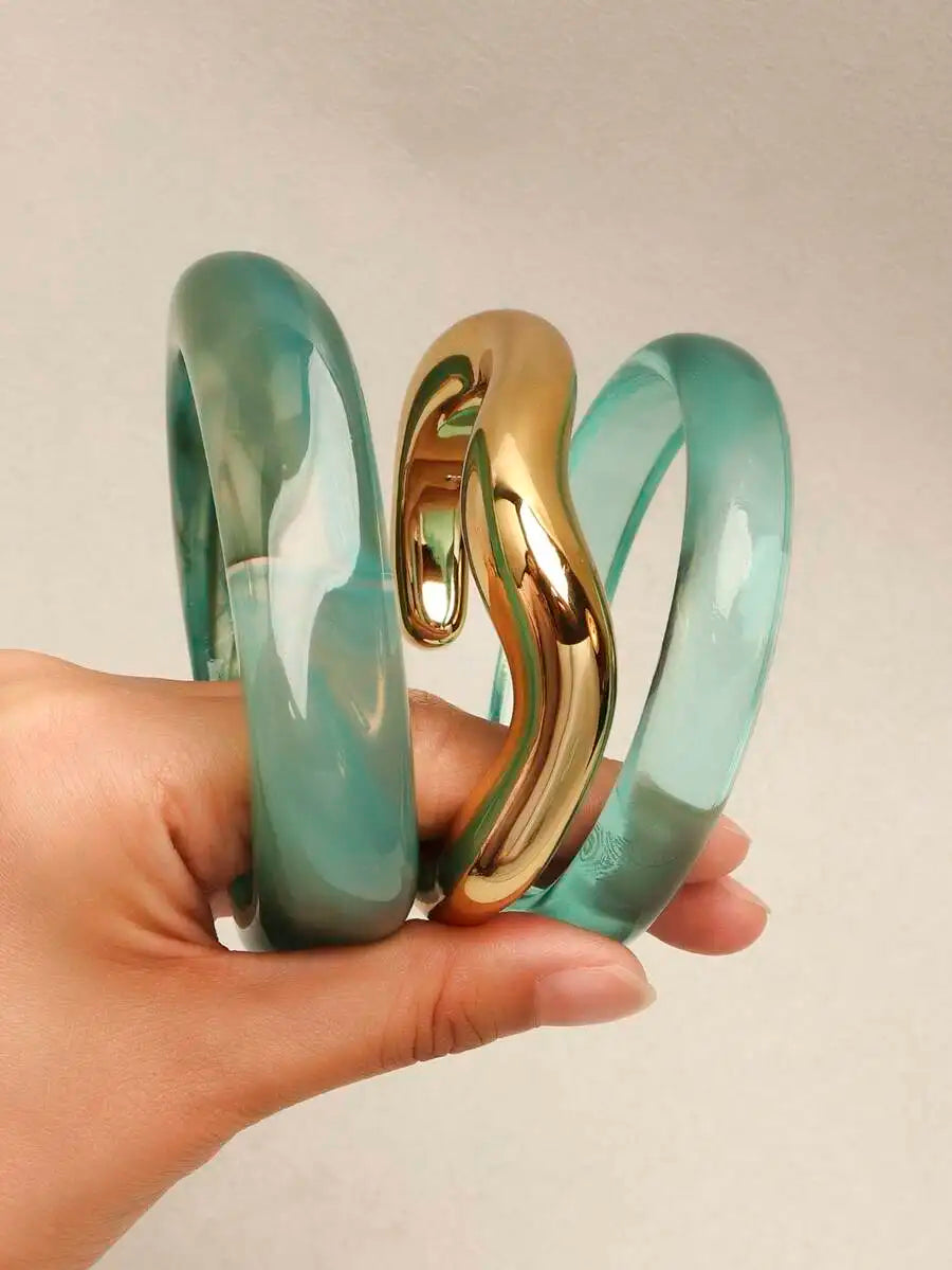 3pcs Retro Artistic Tie Dye Resin Geometric Round Bangle Bracelets For Women
