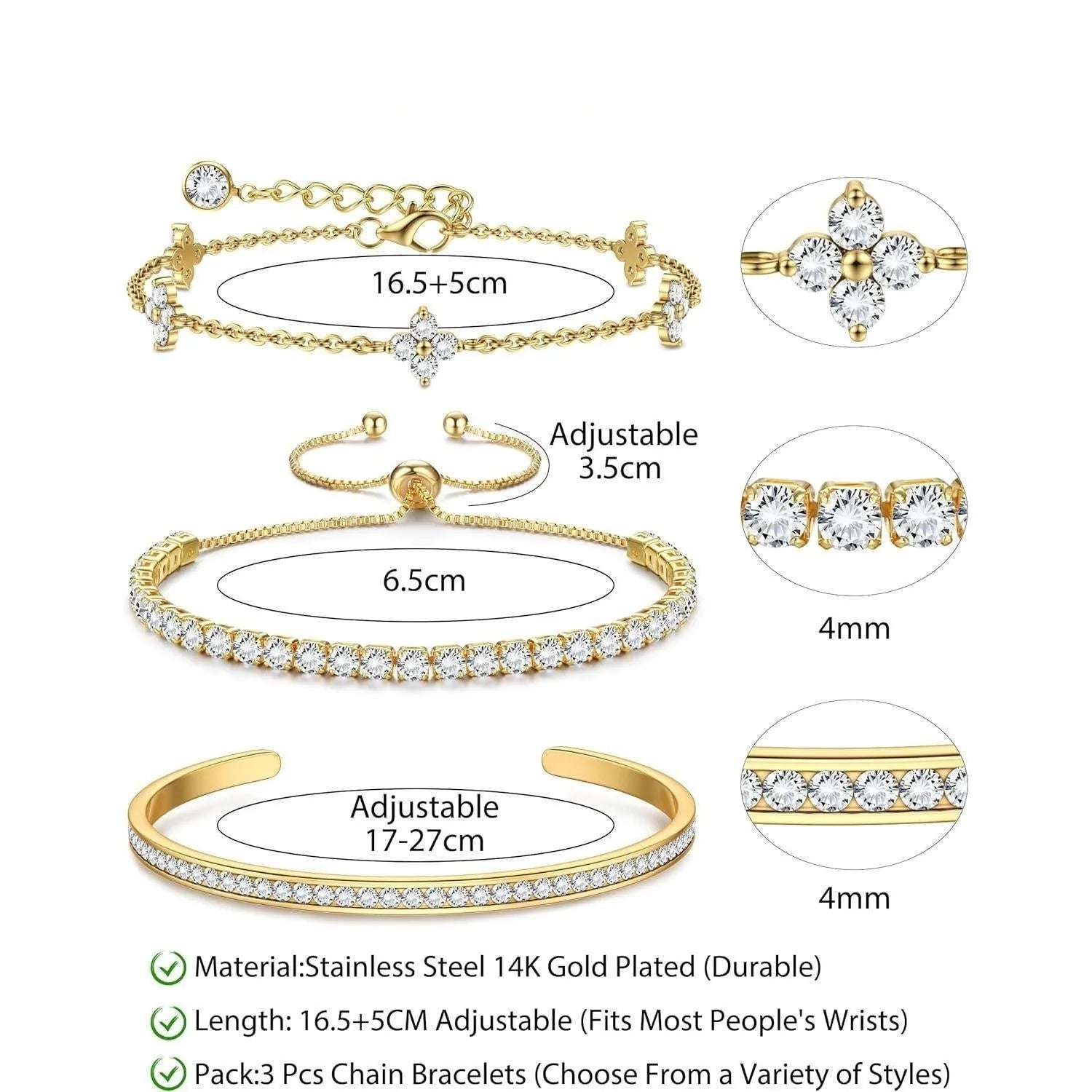 3PC Stackable Bracelet Set for Women Adjustable 14K Gold-Plated & Silver Stainless Steel Tennis Bracelets with Cubic Zirconia, Fashion Accessories for Women Daily Wear