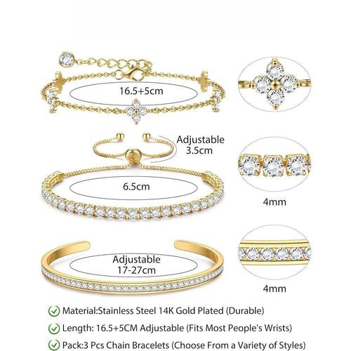 3PC Stackable Bracelet Set for Women Adjustable 14K Gold-Plated & Silver Stainless Steel Tennis Bracelets with Cubic Zirconia, Fashion Accessories for Women Daily Wear