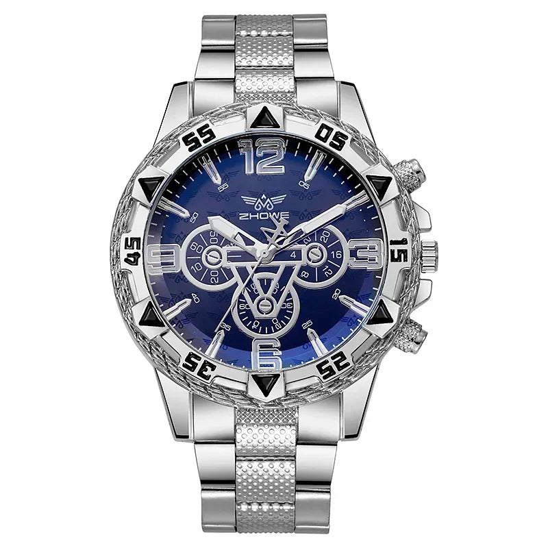 Luxury Watch Classic Large Dial Alloy Steel Strip Blue Light Three Eye Quartz Watch mbzr