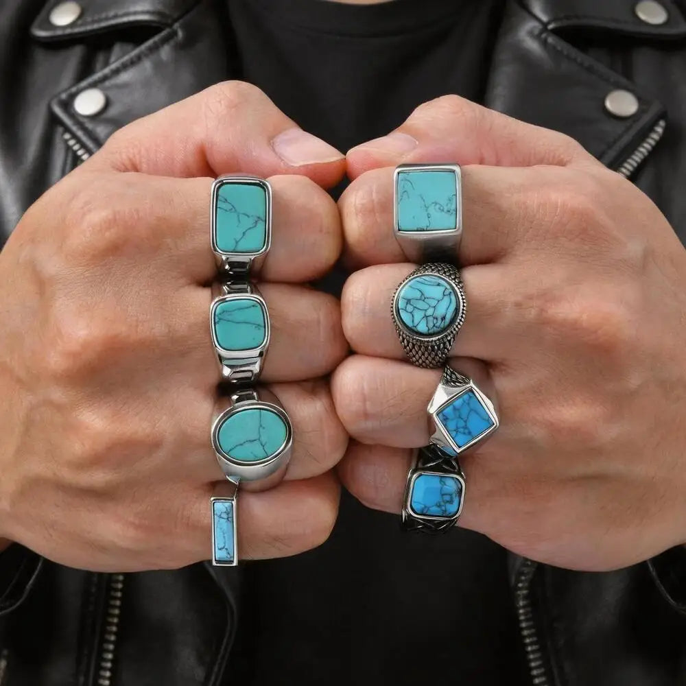 Vintage Stylish Natural Stone Turquoise Ring Waterproof Stainless Steel Signet Ring Vintage