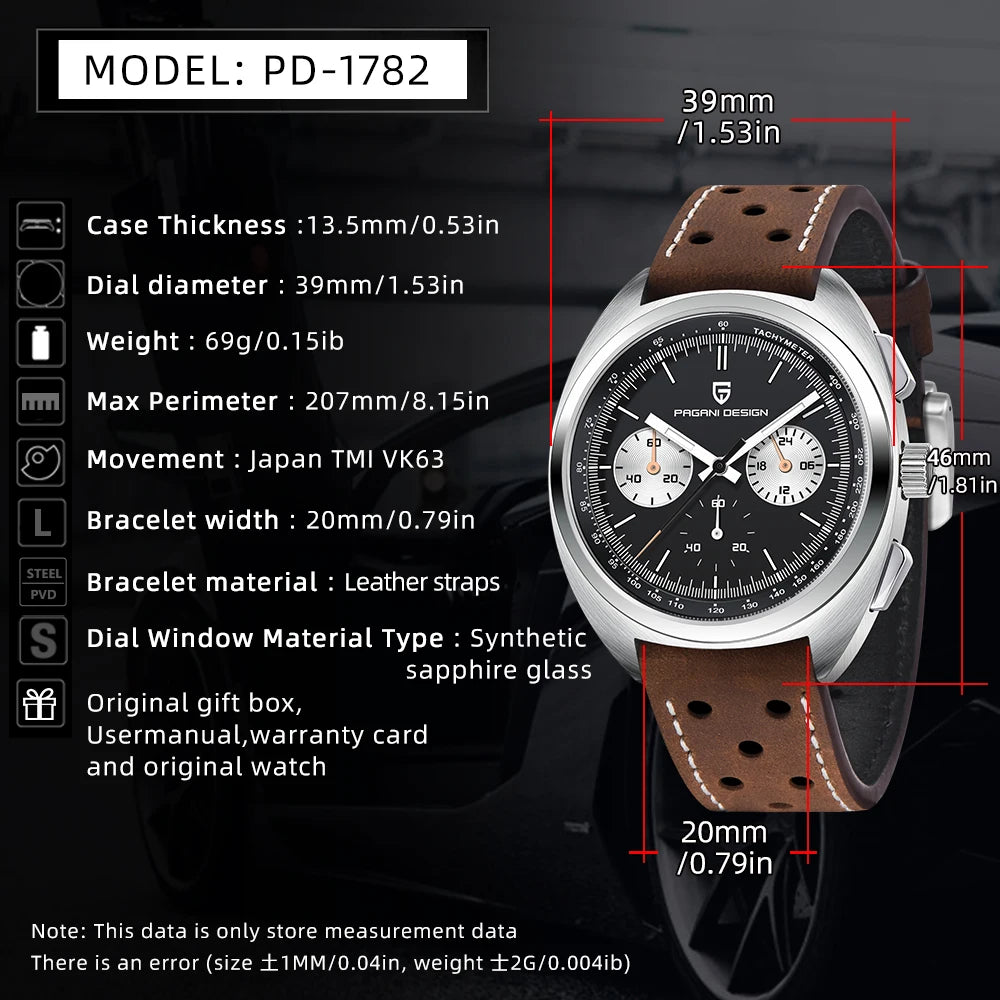 PAGANI DESIGN 2026 Retro Luxury Men's Quartz Watches Sports Chronograph VK63 Watch For Men AR Sapphire Waterproof Leather Clock