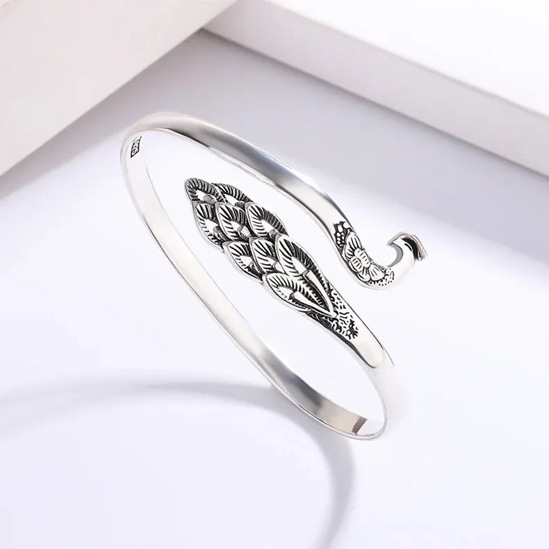 Ethnic Style Retro Thai Silver Exquisite Hollow Peacock 925 Sterling Silver Personality Animal Opening Antique Design Bracelets mbzr