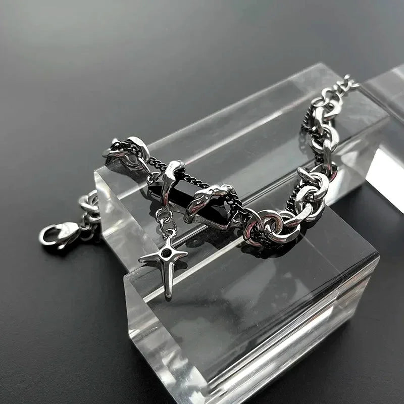 Men Bracelet 2024 Retro Black Zircon Star Chain Women Stainless Steel Punk Bracelets on Hand Unisex Jewelry Couple Accessories