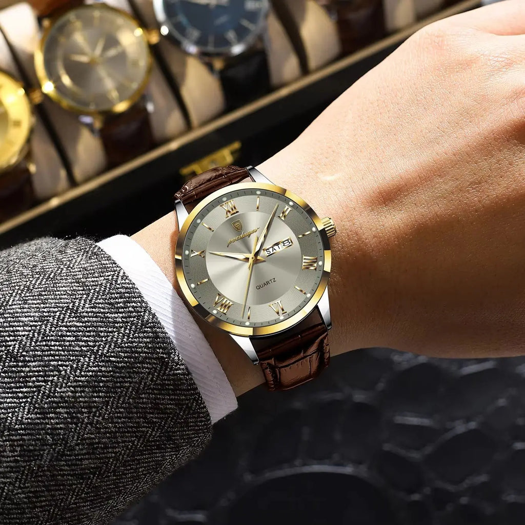 POEDAGAR Original Fashion Men's Watches Leather Date Week High Quality Quartz Men Wristwatch Waterproof Luminous Business Watches For Man Male Reloj